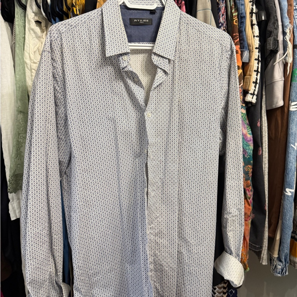 Men's Slim-Fit Printed Button-Up Shirt - Light Blue